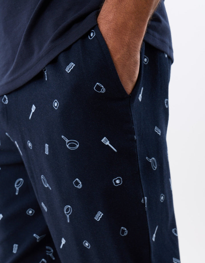 Breakfast Print Christmas Pyjama Set in Navy Stripe