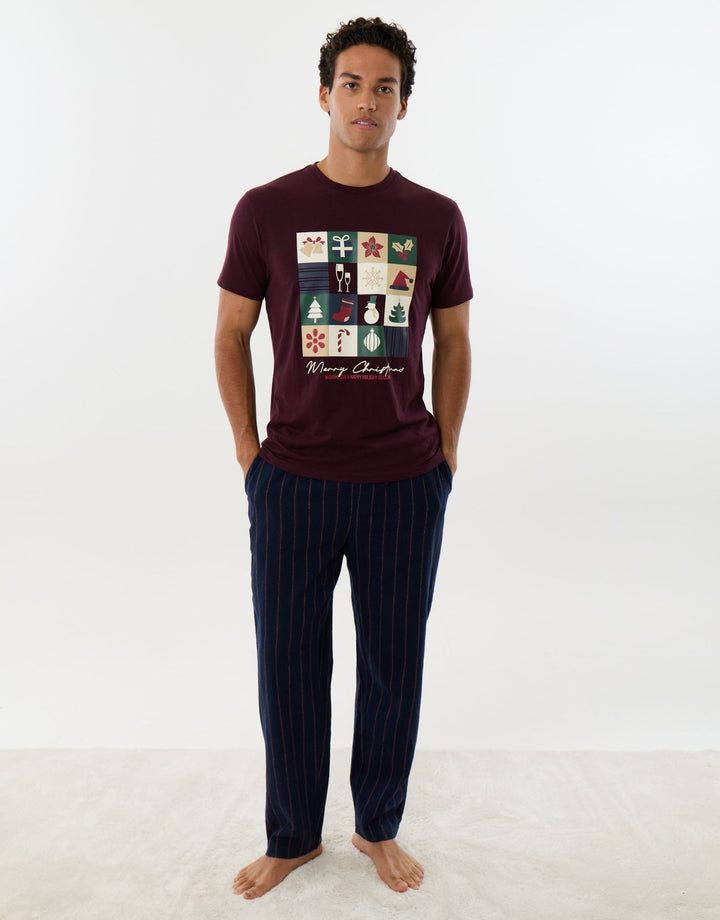 Christmas Mosaic Pyjama Set in Burgundy & Navy Stripe