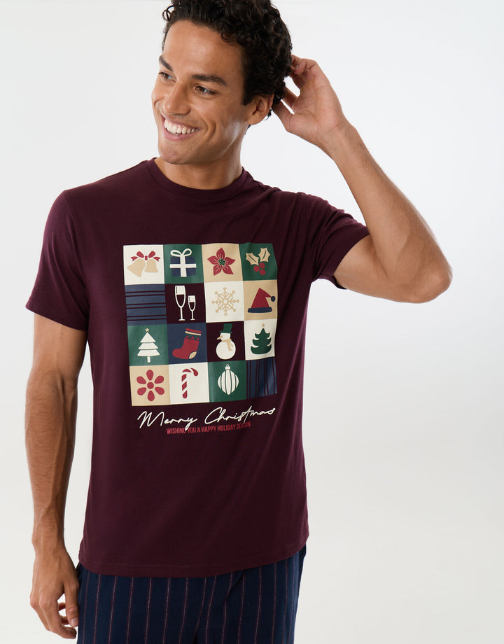 Christmas Mosaic Pyjama Set in Burgundy & Navy Stripe