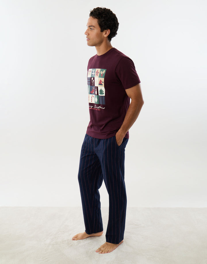 Christmas Mosaic Pyjama Set in Burgundy & Navy Stripe