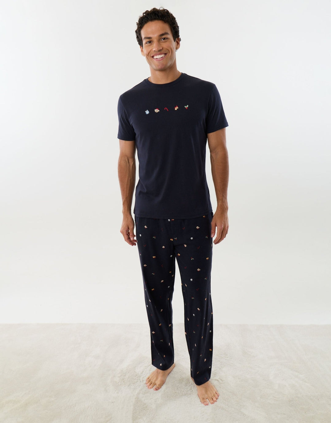 Threadbare Embroidered Christmas Pyjama Set in Navy -  front view