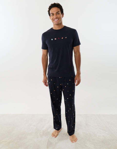 Threadbare Embroidered Christmas Pyjama Set in Navy -  front view