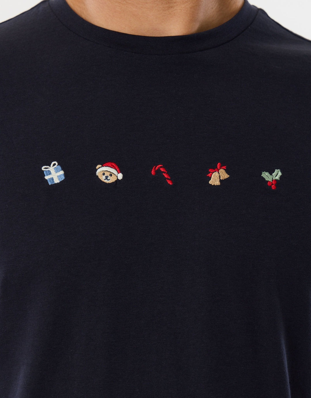 Threadbare Embroidered Christmas Pyjama Set in Navy - close up