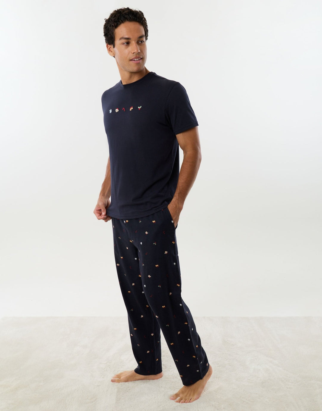 Threadbare Embroidered Christmas Pyjama Set in Navy - side view