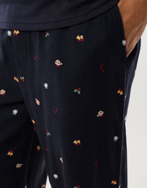 Threadbare Embroidered Christmas Pyjama Set in Navy -  detail shot