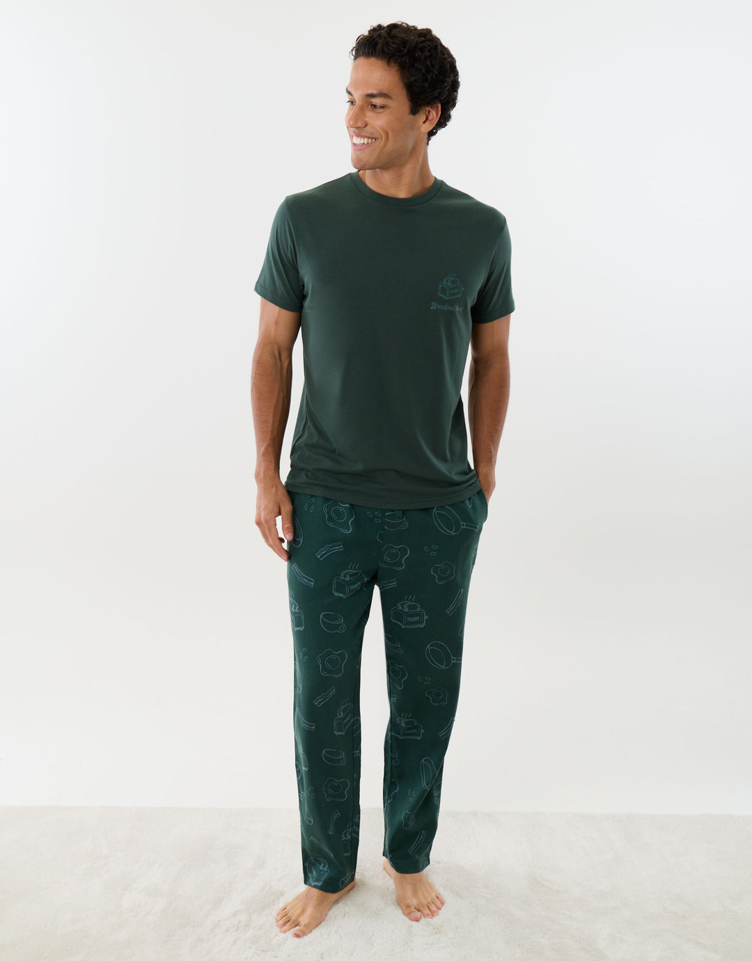 Breakfast Print Christmas Pyjama Set in Dark Green
