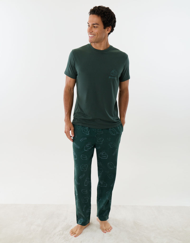 Breakfast Print Christmas Pyjama Set in Dark Green