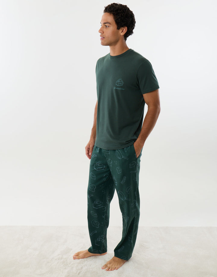 Breakfast Print Christmas Pyjama Set in Dark Green