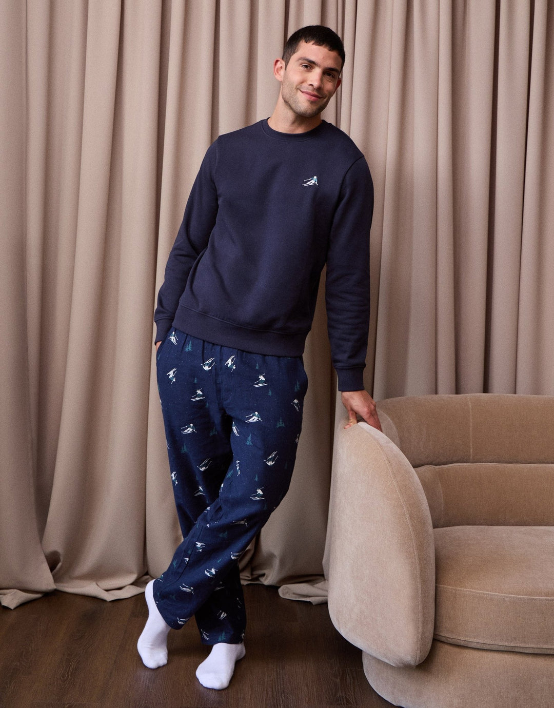 Threadbare Ski Print Long Sleeve Pyjama Set in Navy - campaign full view
