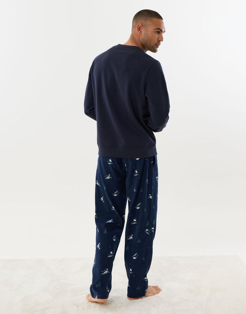 Threadbare Ski Print Long Sleeve Pyjama Set in Navy - back view