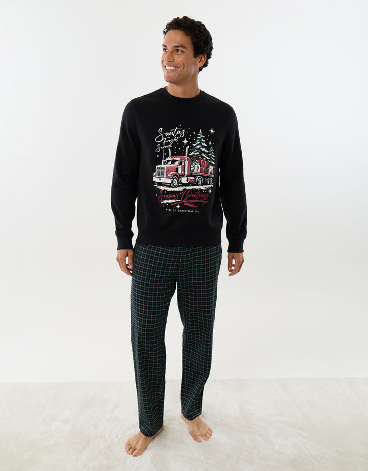 Santa's Truck Long Sleeve Christmas Pyjama Set in Black Check