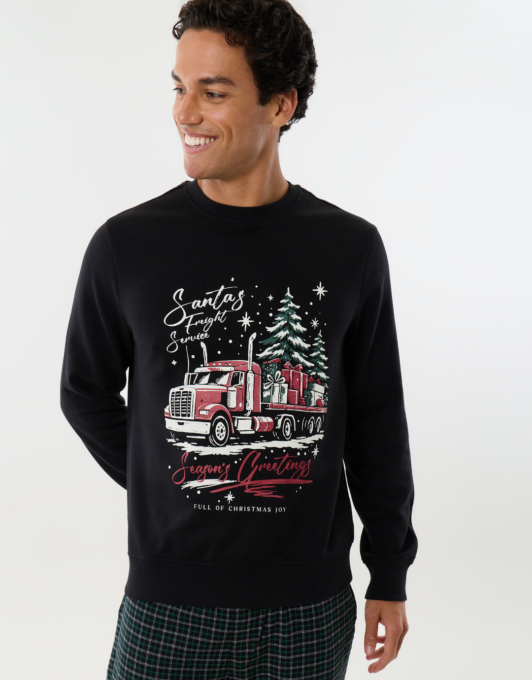 Santa's Truck Long Sleeve Christmas Pyjama Set in Black Check