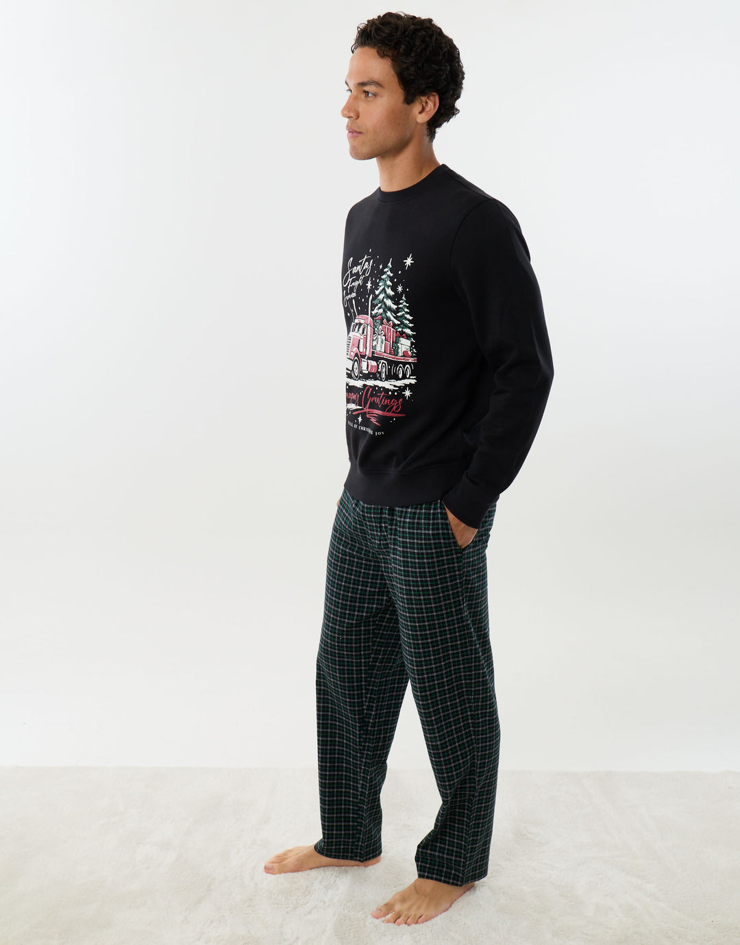 Santa's Truck Long Sleeve Christmas Pyjama Set in Black Check