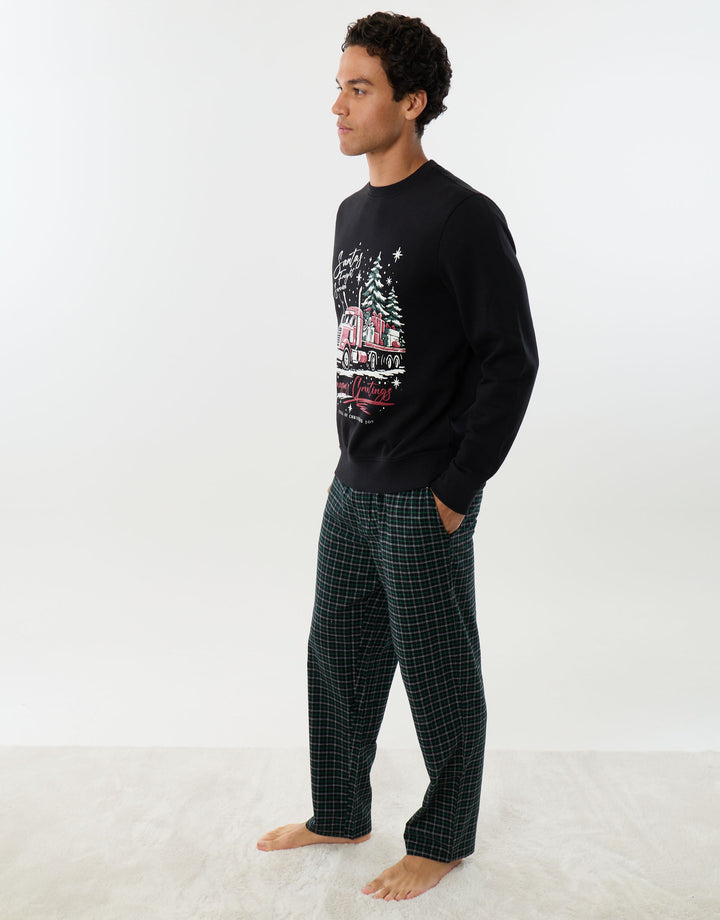 Santa's Truck Long Sleeve Christmas Pyjama Set in Black Check