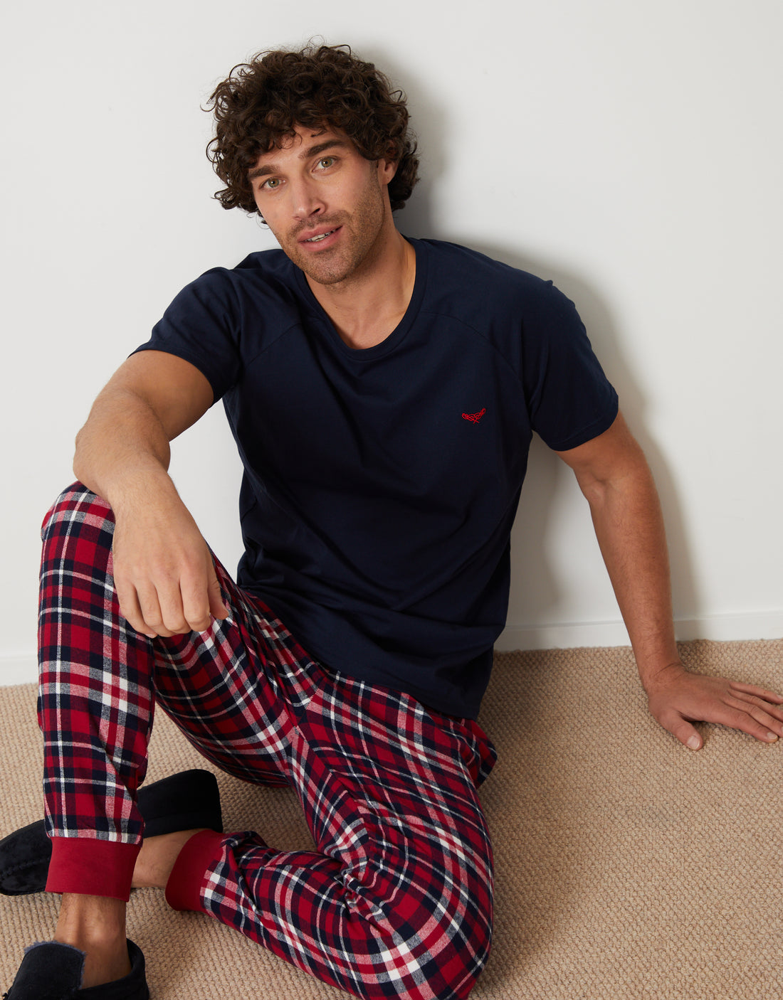 Men's Navy & Red Check Loungewear Pyjama T-Shirt & Bottoms (2-Piece Set ...