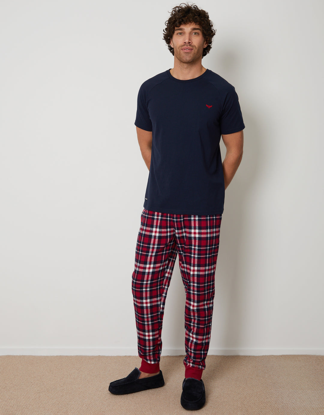 Navy & Red Check Pyjama T-Shirt & Bottoms (2-Piece Set)