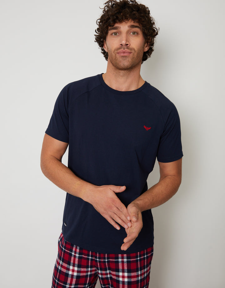 Navy & Red Check Pyjama T-Shirt & Bottoms (2-Piece Set)