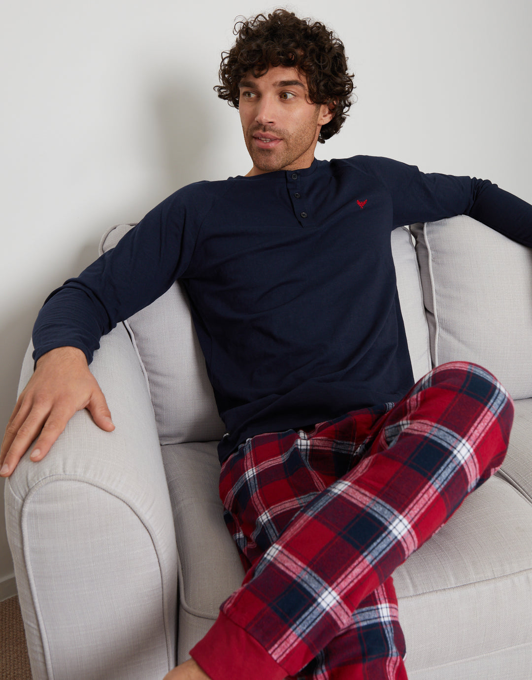 Navy & Red Check Pyjama Long Top & Bottoms (2-Piece Set)