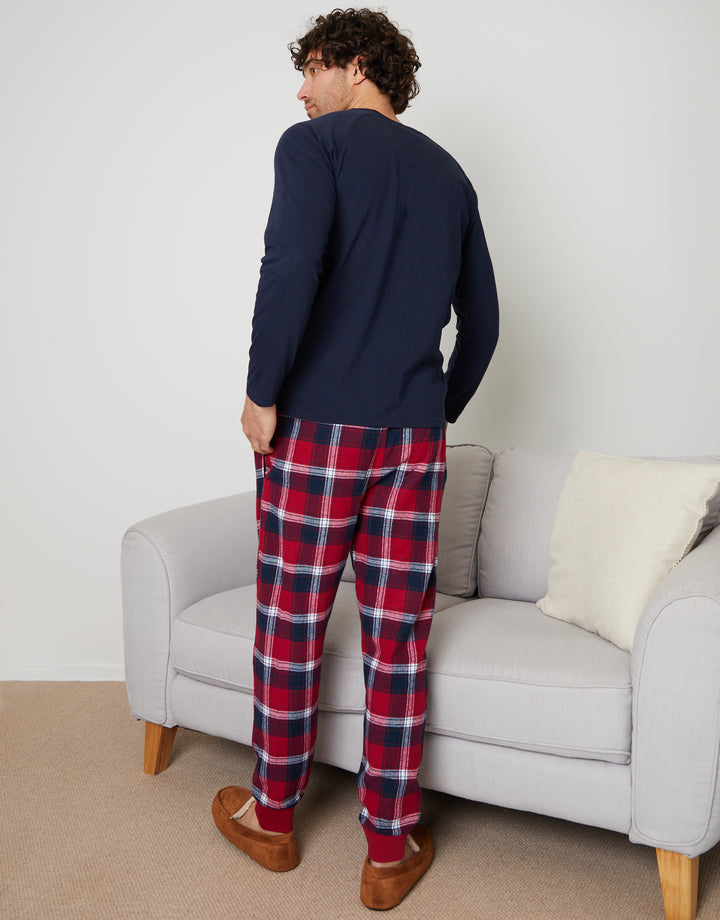 Navy & Red Check Pyjama Long Top & Bottoms (2-Piece Set)