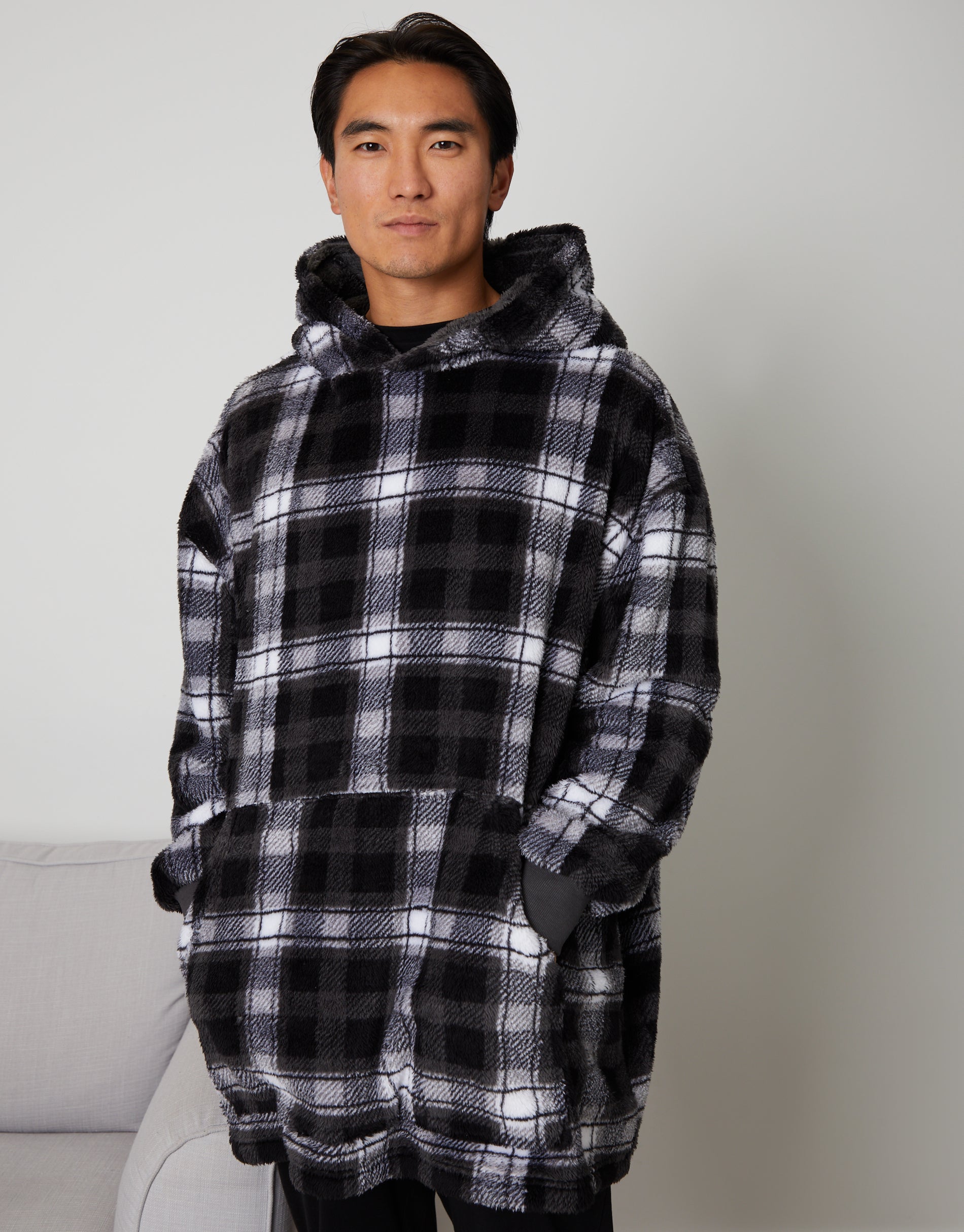 【BLACK】Graph check hoodie Threadbare Men's Black & Charcoal Grey Check Borg Oversized Lounge