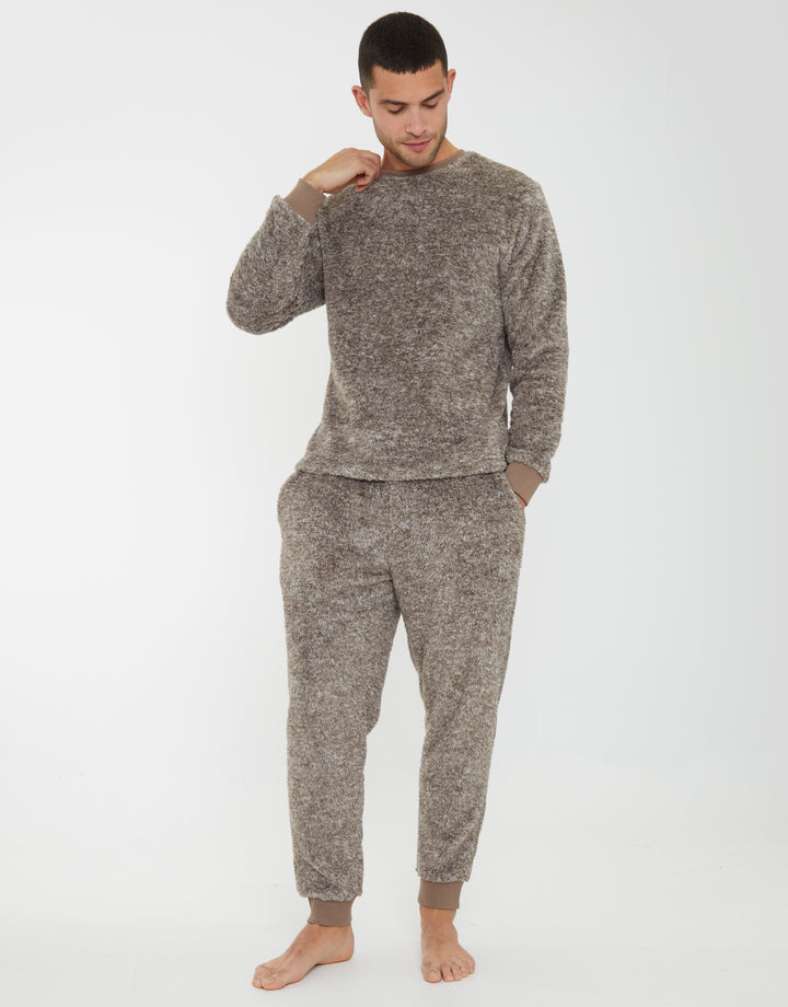 Beige Two Tone Fleece Loungewear Set (2-Piece Set)