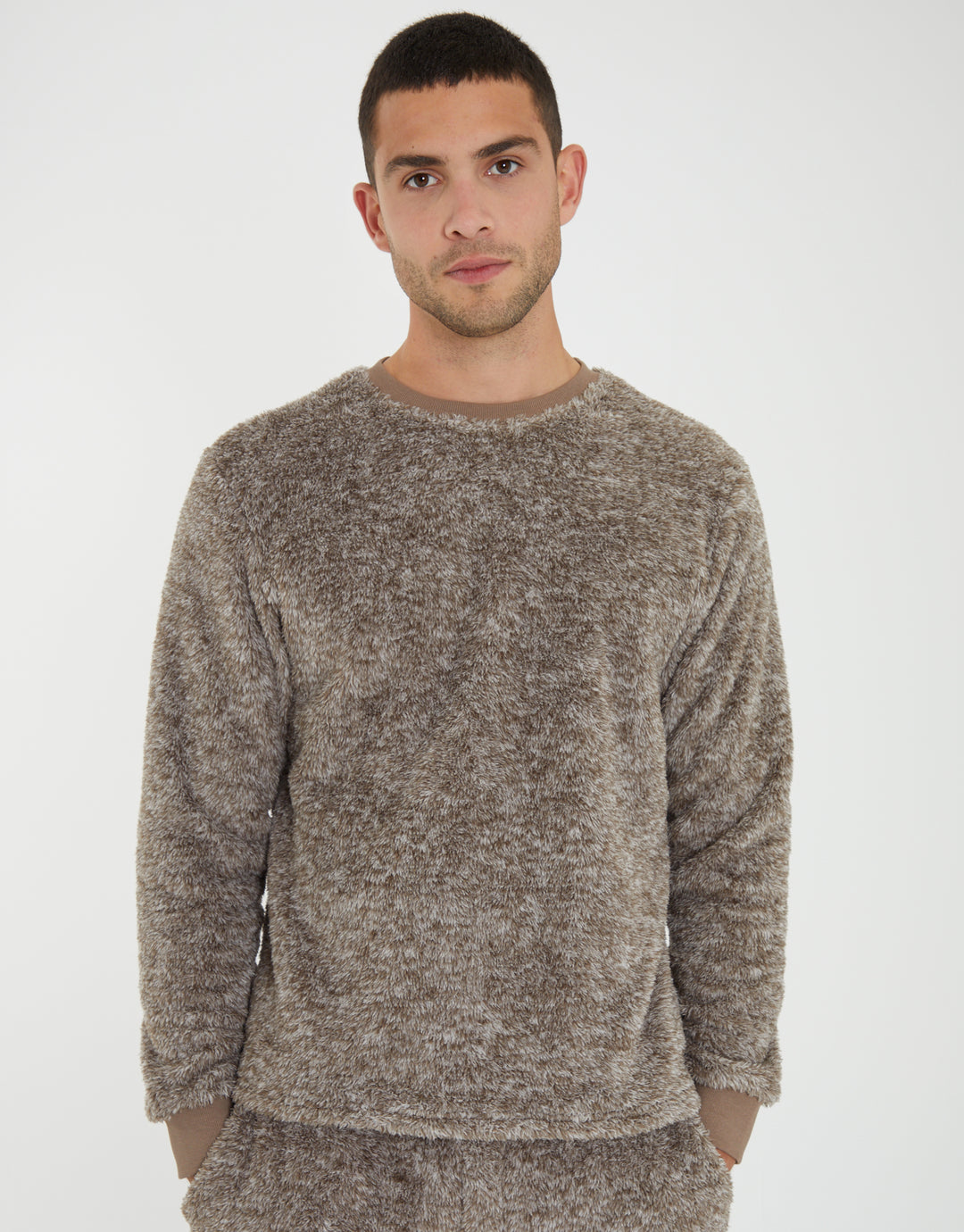 Beige Two Tone Fleece Loungewear Set (2-Piece Set)