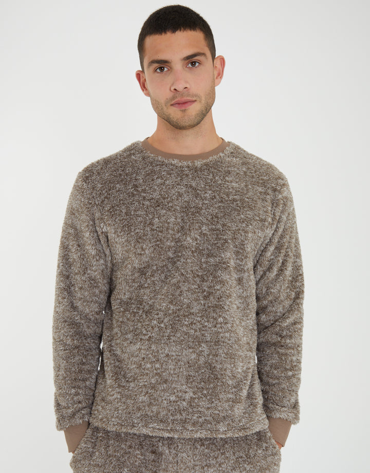 Beige Two Tone Fleece Loungewear Set (2-Piece Set)