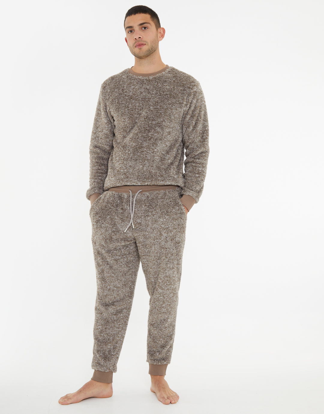 Beige Two Tone Fleece Loungewear Set (2-Piece Set)