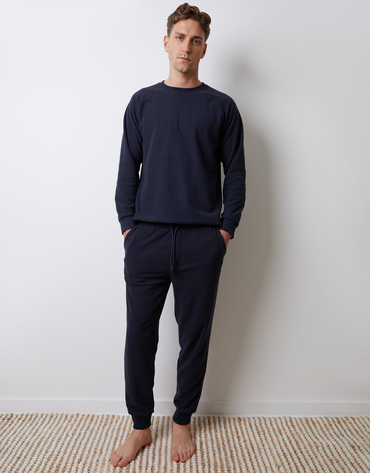 Navy Waffle Textured Fleece Loungewear Set (2-Piece Set)