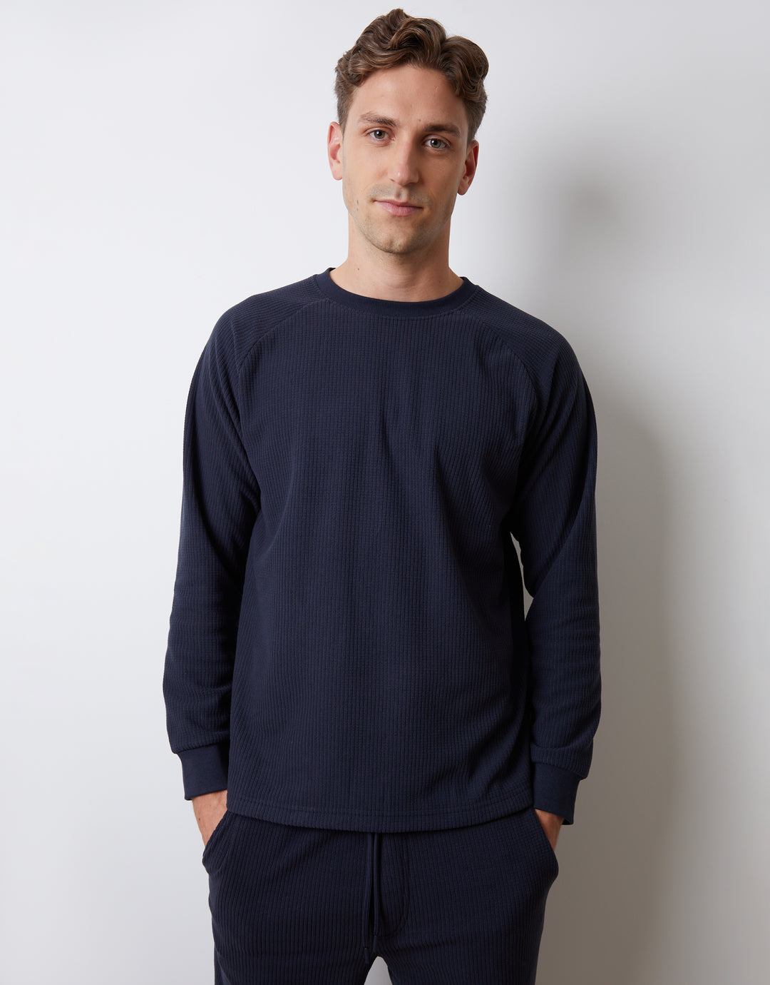 Navy Waffle Textured Fleece Loungewear Set (2-Piece Set)