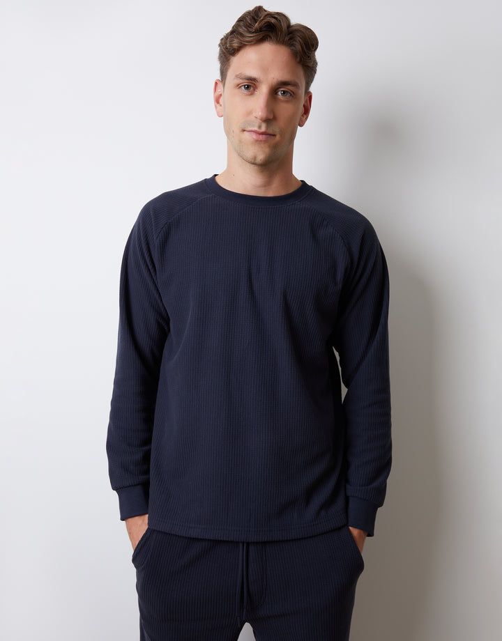 Navy Waffle Textured Fleece Loungewear Set (2-Piece Set)