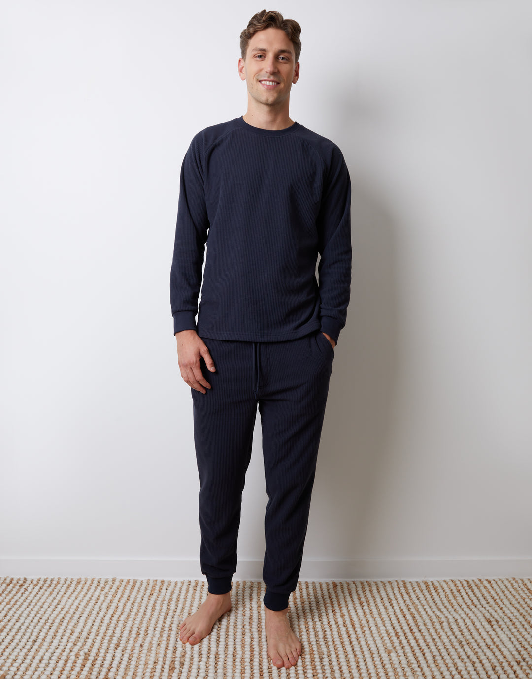 Navy Waffle Textured Fleece Loungewear Set (2-Piece Set)