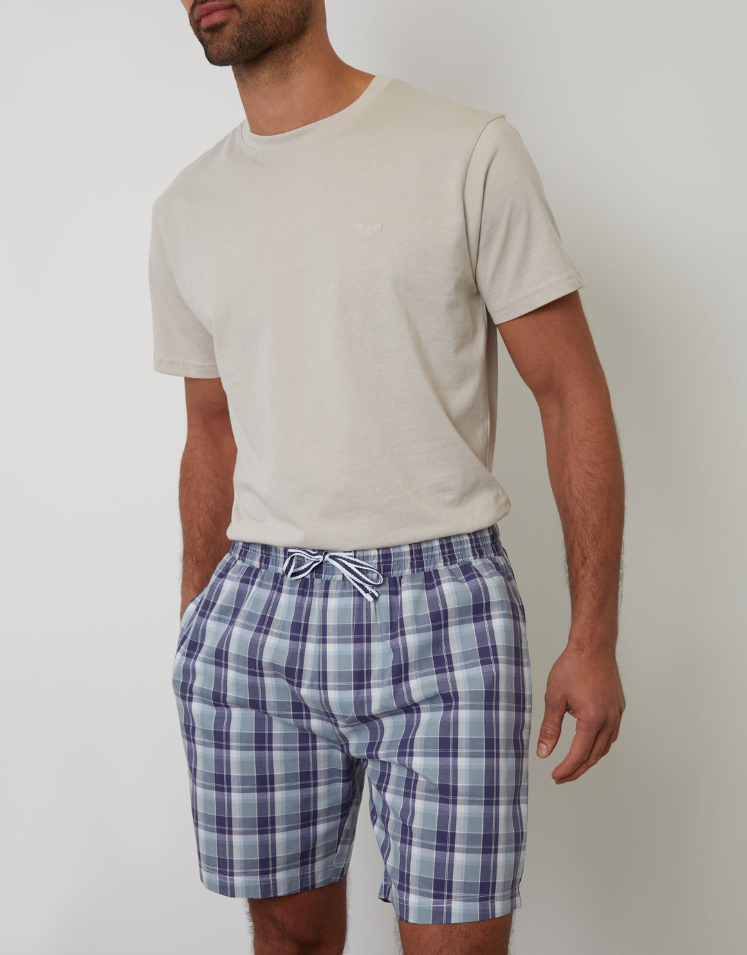 Stone & Blue Check Short Sleeve Pyjamas (2-Piece Set)