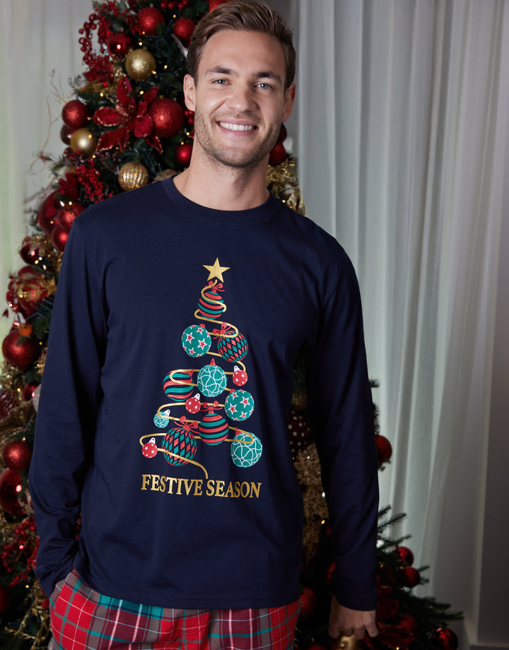 Navy Christmas Tree Graphic Long Pyjamas (2-Piece Set)