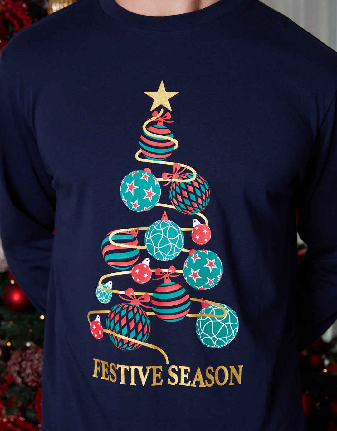 Navy Christmas Tree Graphic Long Pyjamas (2-Piece Set)