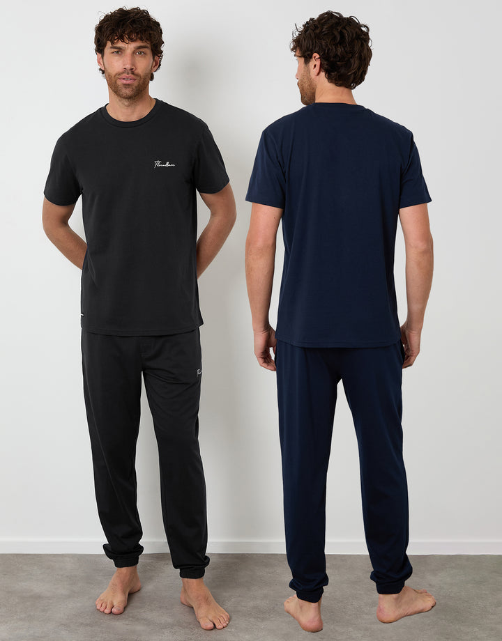 Black & Navy Short Sleeve T-Shirt & Jogger Lounge Sets (2-Piece Set) (2 Pack)