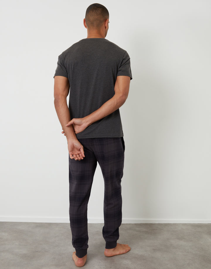 Black & Grey Short Sleeve T-Shirt & Check Pants Pyjama Set (2-Piece Set) (2 Pack)