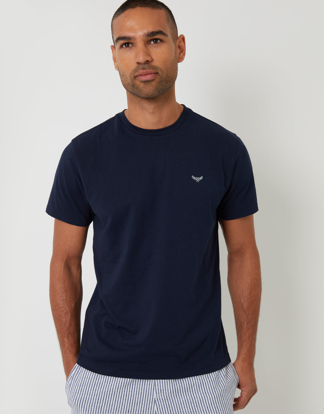 Navy Short Sleeve Top & Stripe Pants Pyjama Set (2-Piece Set)