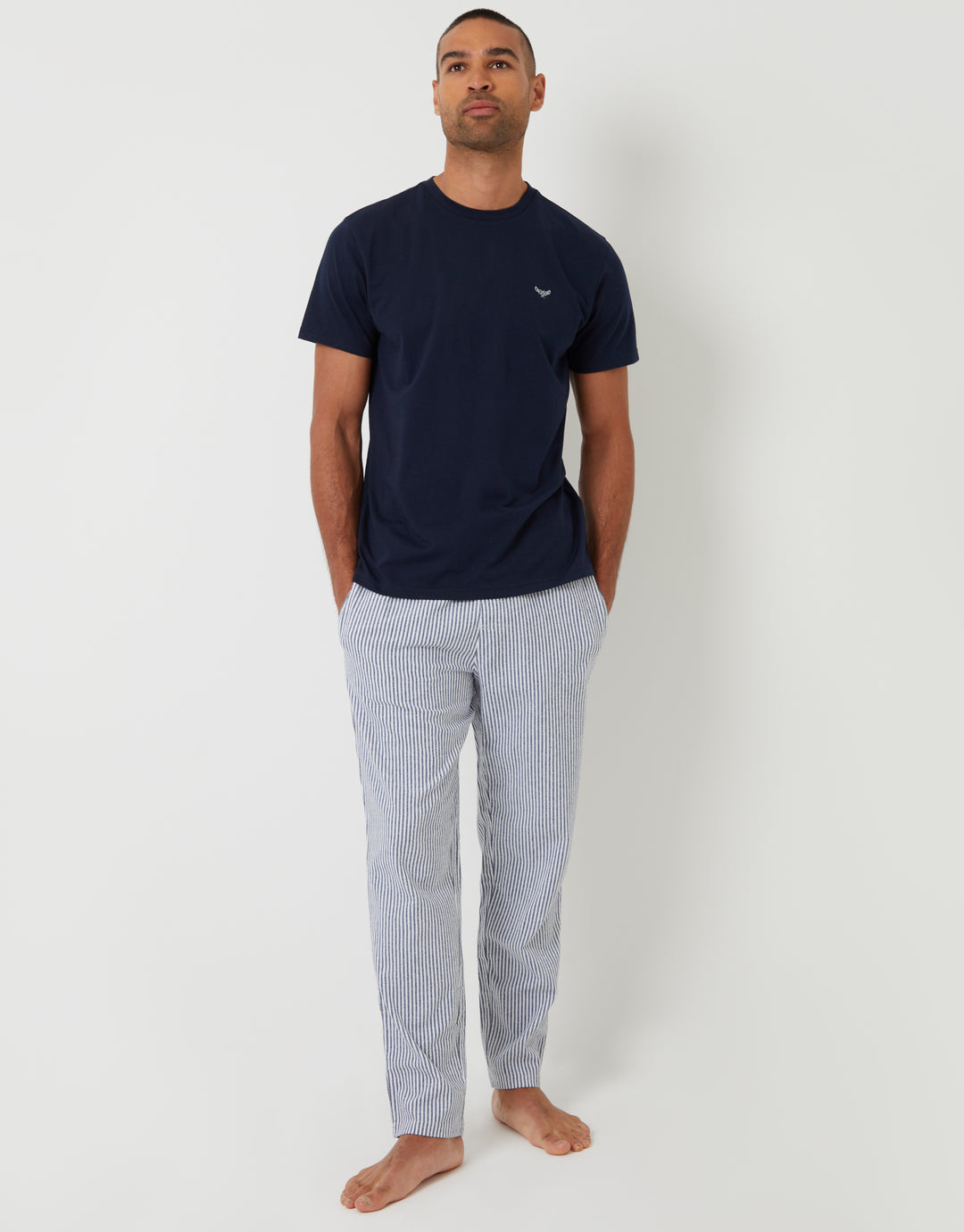 Navy Short Sleeve Top & Stripe Pants Pyjama Set (2-Piece Set)