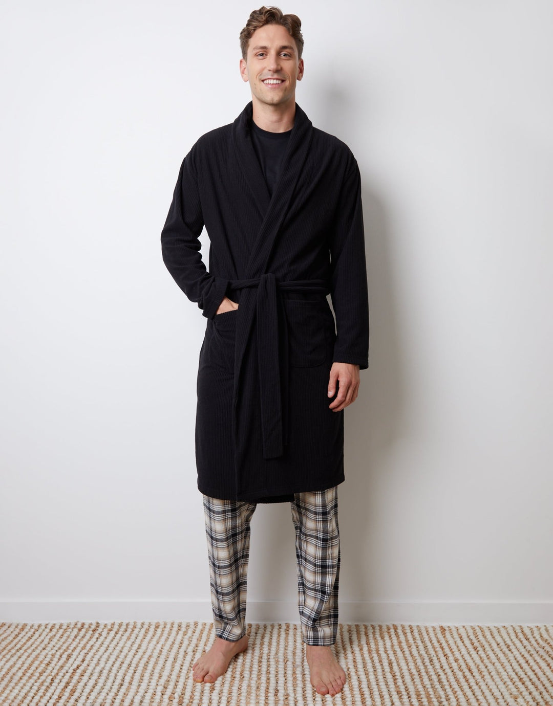 Waffle Fleece Dressing Gown in Black