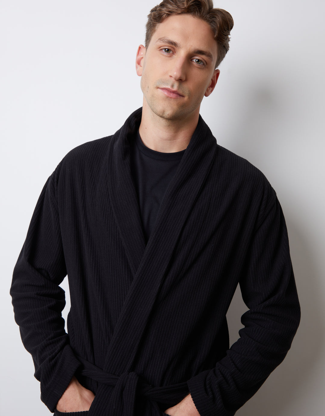 Waffle Fleece Dressing Gown in Black Waffle Fleece Dressing Gown in Black