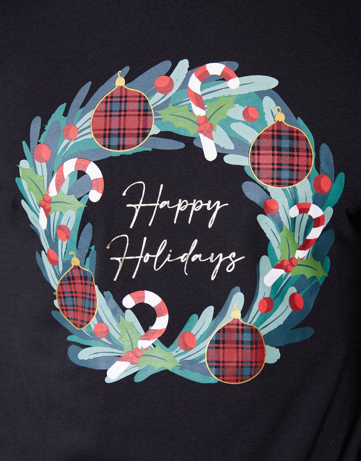 Black Christmas Wreath Long Pyjamas (2-Piece Set)