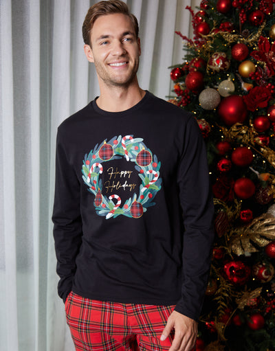 Black Christmas Wreath Long Pyjamas (2-Piece Set)