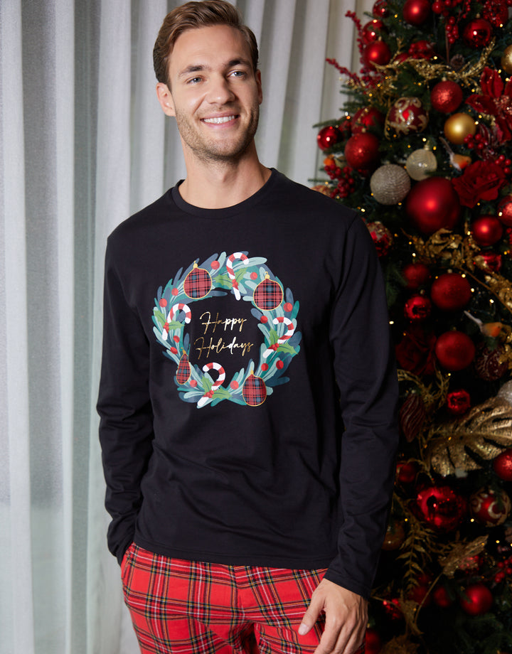 Black Christmas Wreath Long Pyjamas (2-Piece Set)