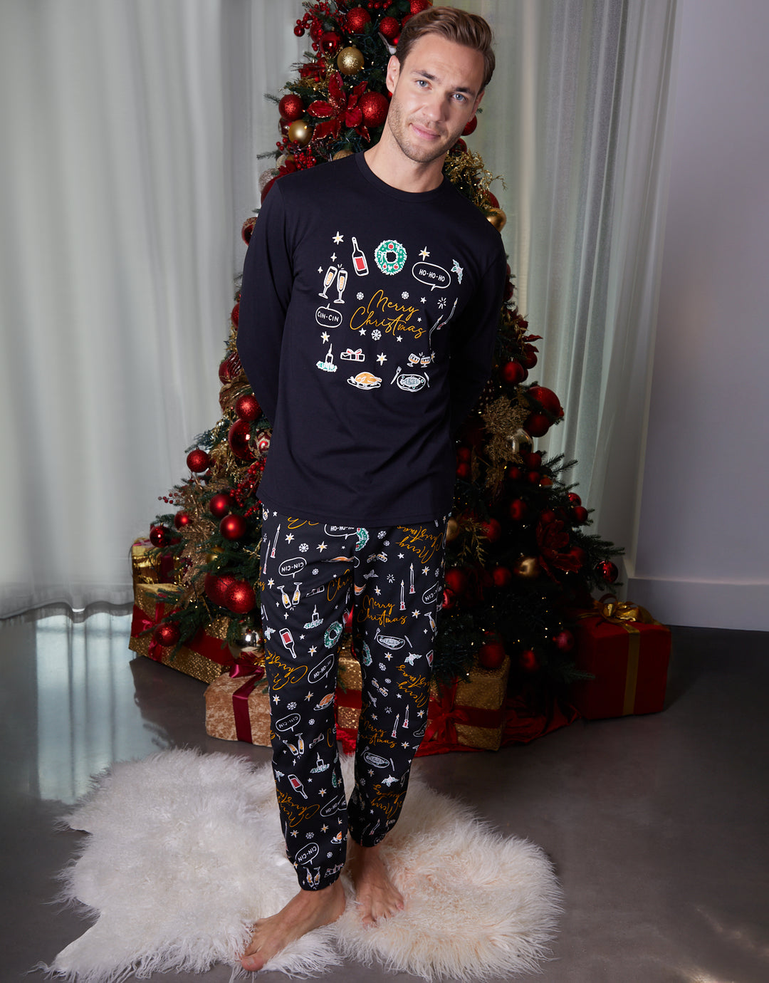 Black Christmas Print Long Pyjamas (2-Piece Set)