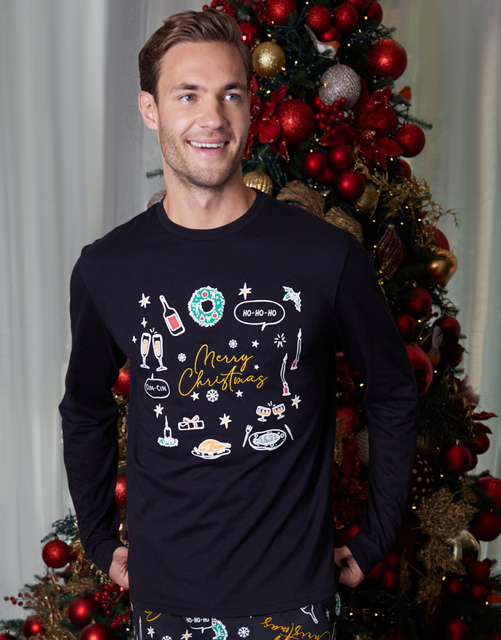 Black Christmas Print Long Pyjamas (2-Piece Set)