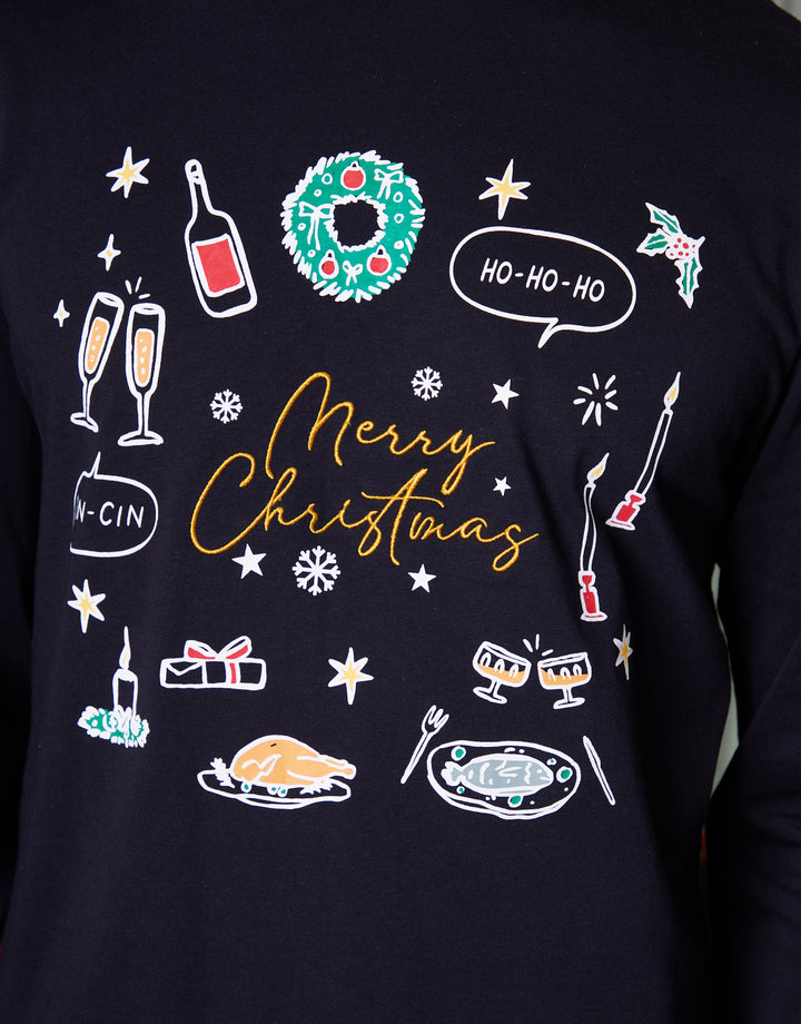 Black Christmas Print Long Pyjamas (2-Piece Set)