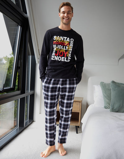 Black Christmas Slogan Graphic Long Pyjamas (2-Piece Set)