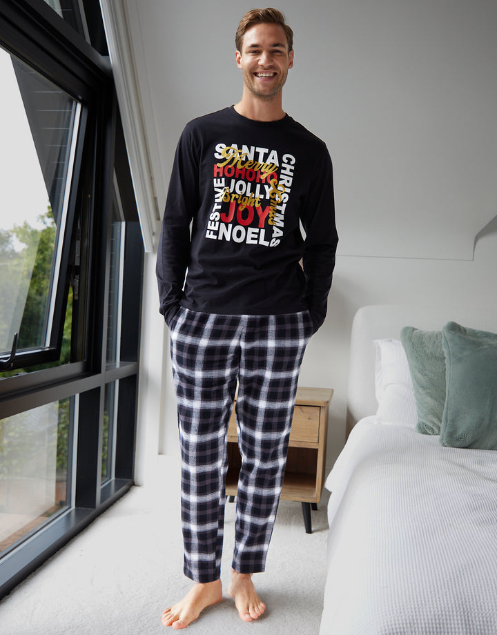 Black Christmas Slogan Graphic Long Pyjamas (2-Piece Set)