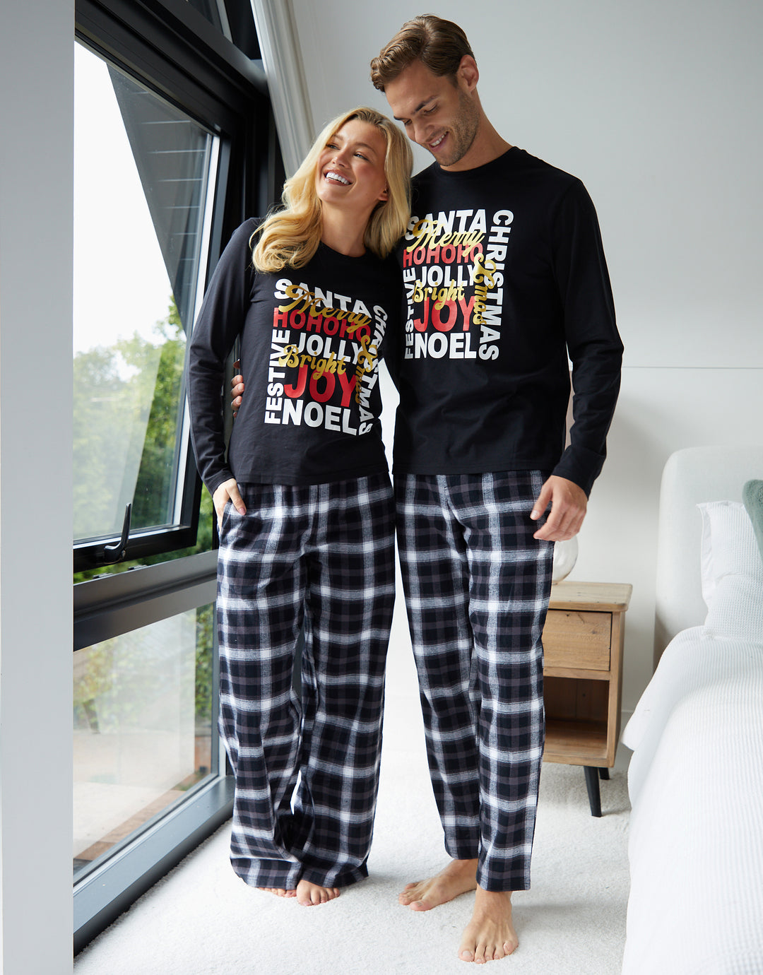 Black Christmas Slogan Graphic Long Pyjamas (2-Piece Set)
